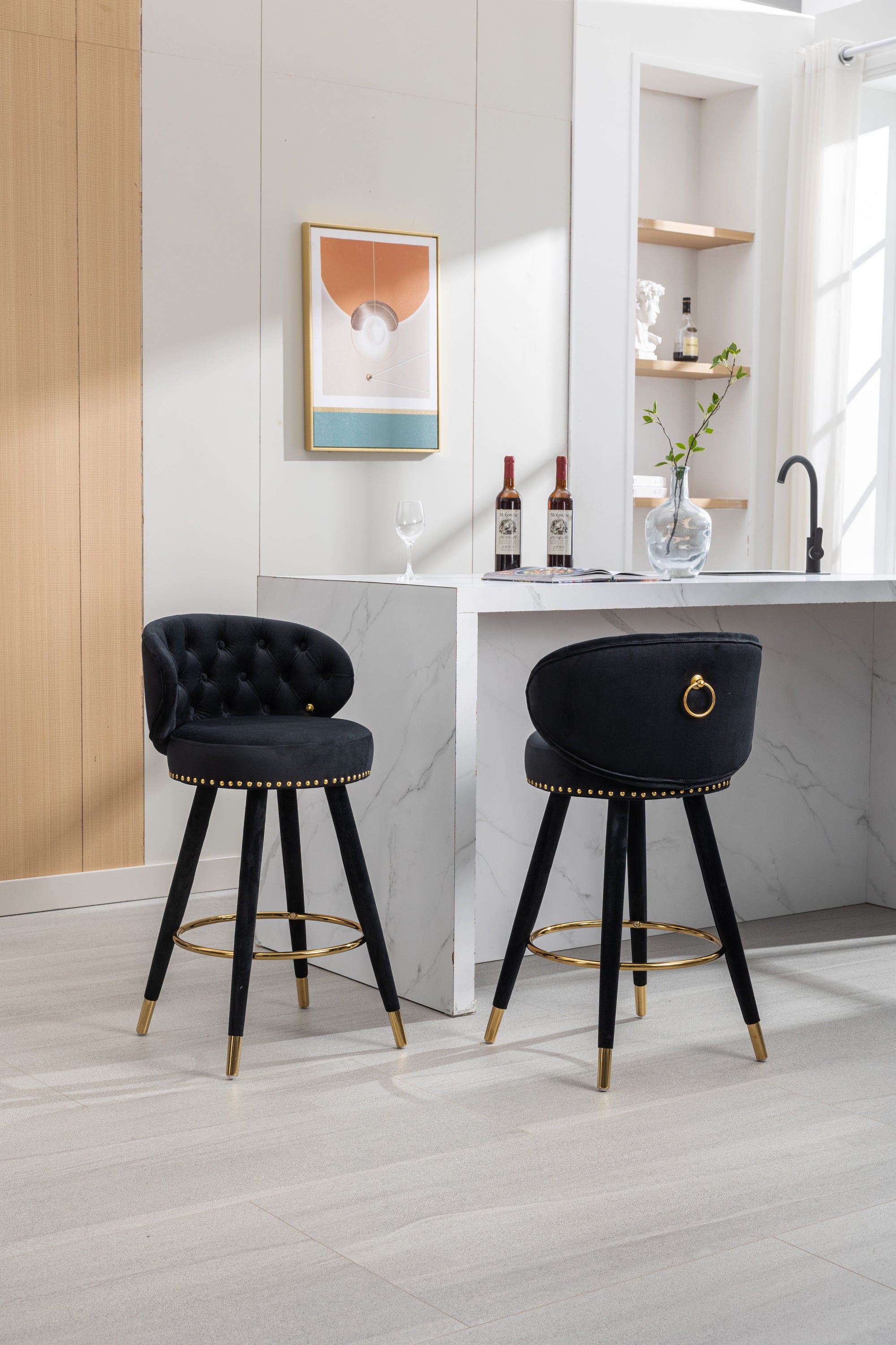 Solid Wood Counter Height Bar Stools, Set of 2(Black)