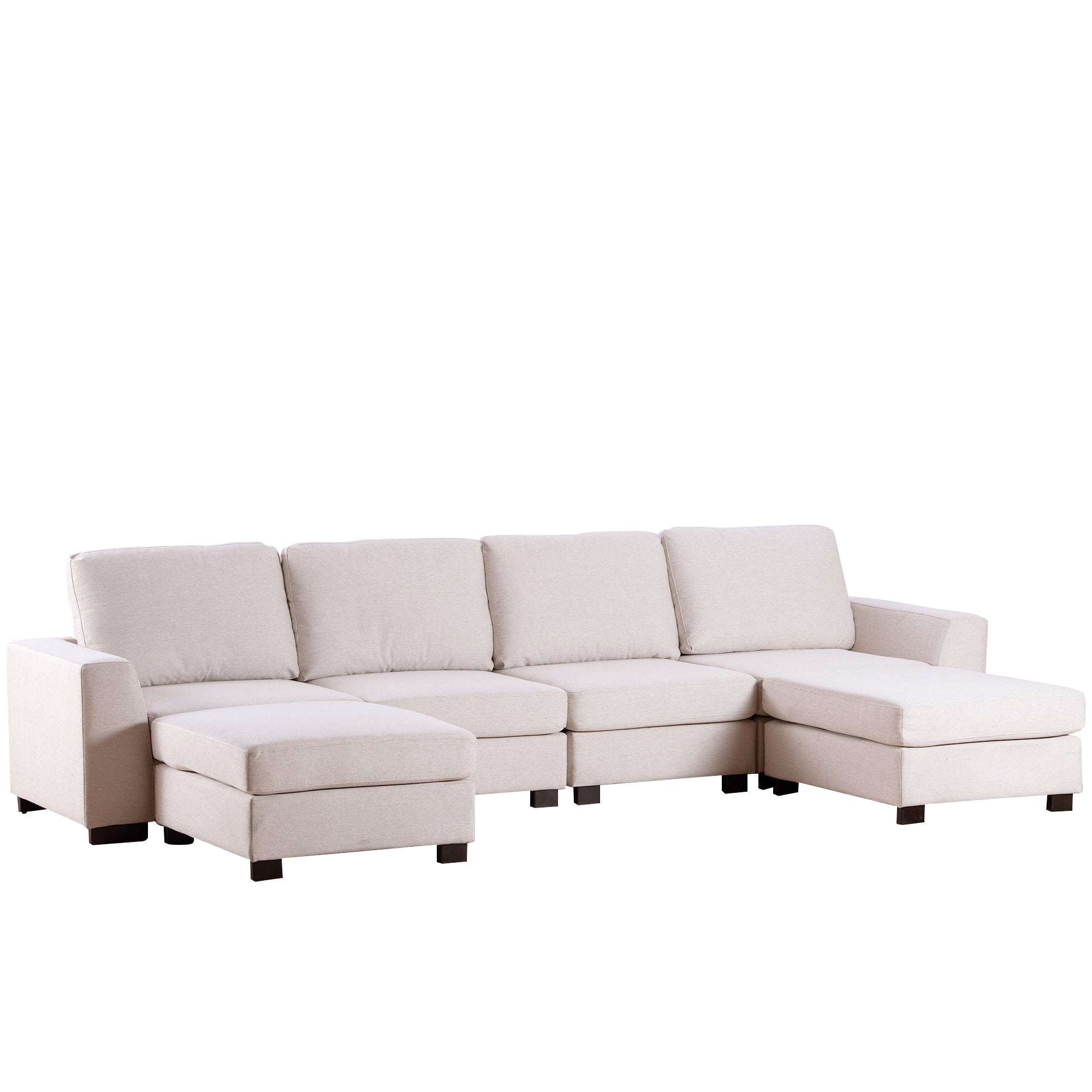 Three-Piece Beige U-Shaped Couch with Configurable Ottomans