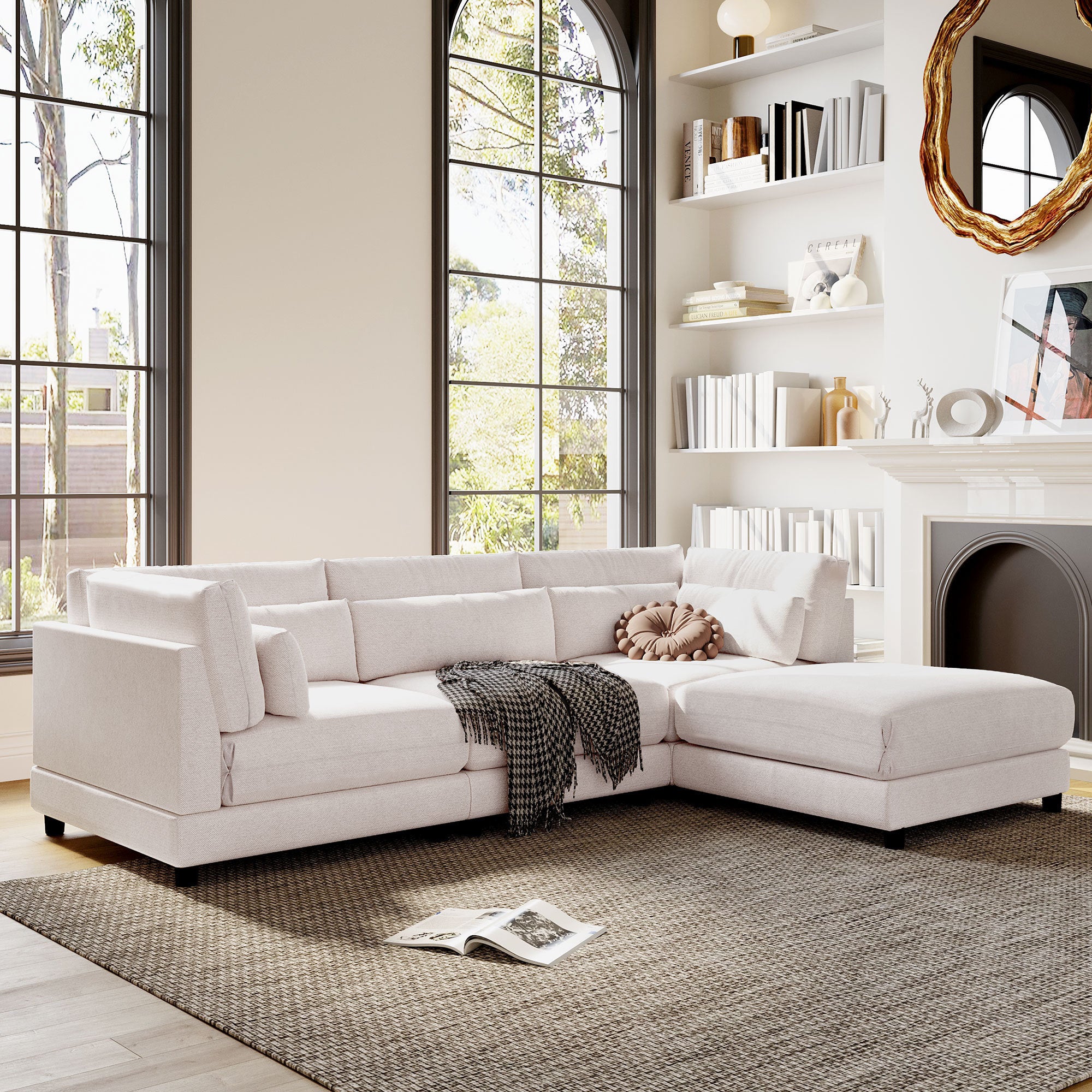 Modular L-Shaped Sofa Set with Removable Ottomans and Cushioned Backrests