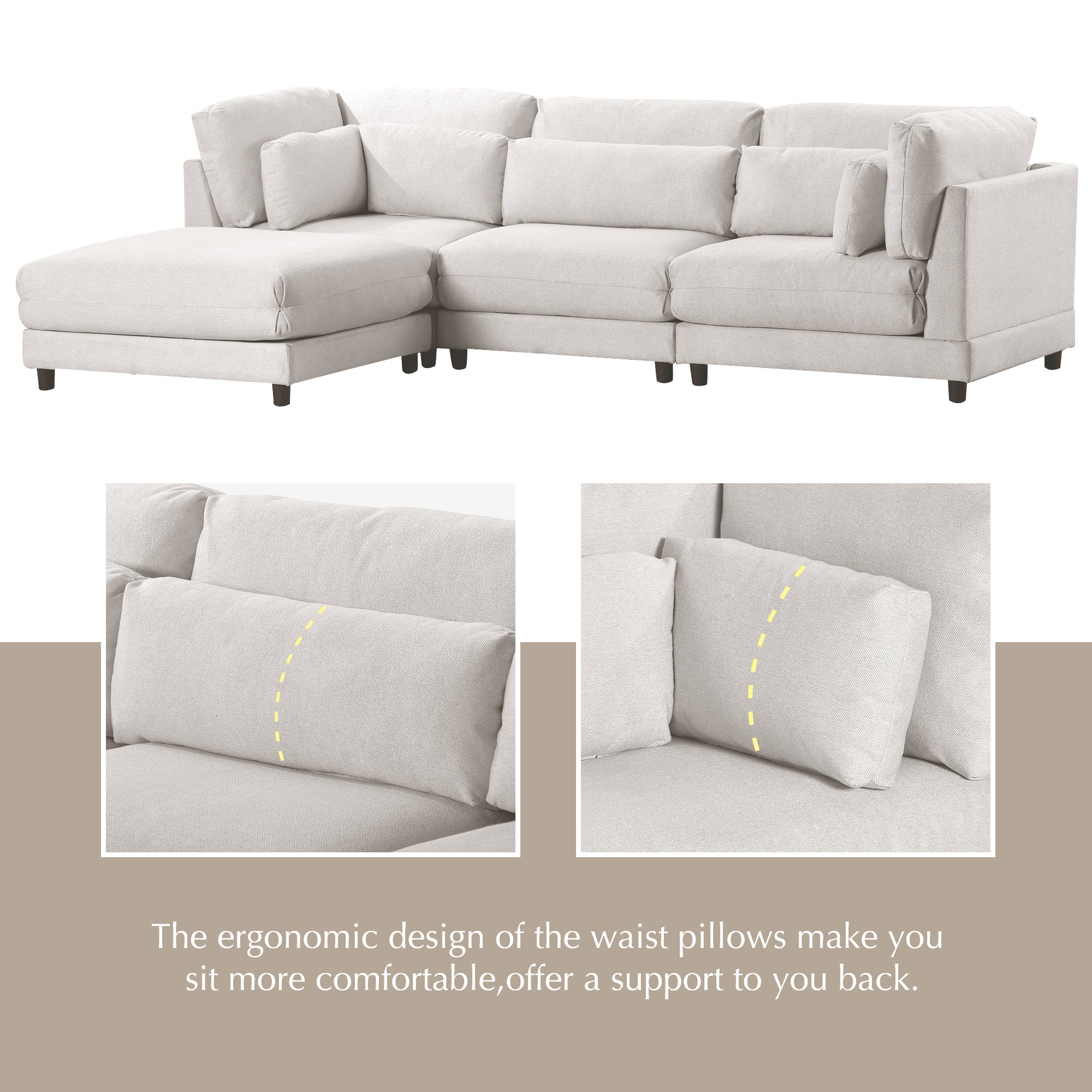 Modular L-Shaped Sofa Set with Removable Ottomans and Cushioned Backrests