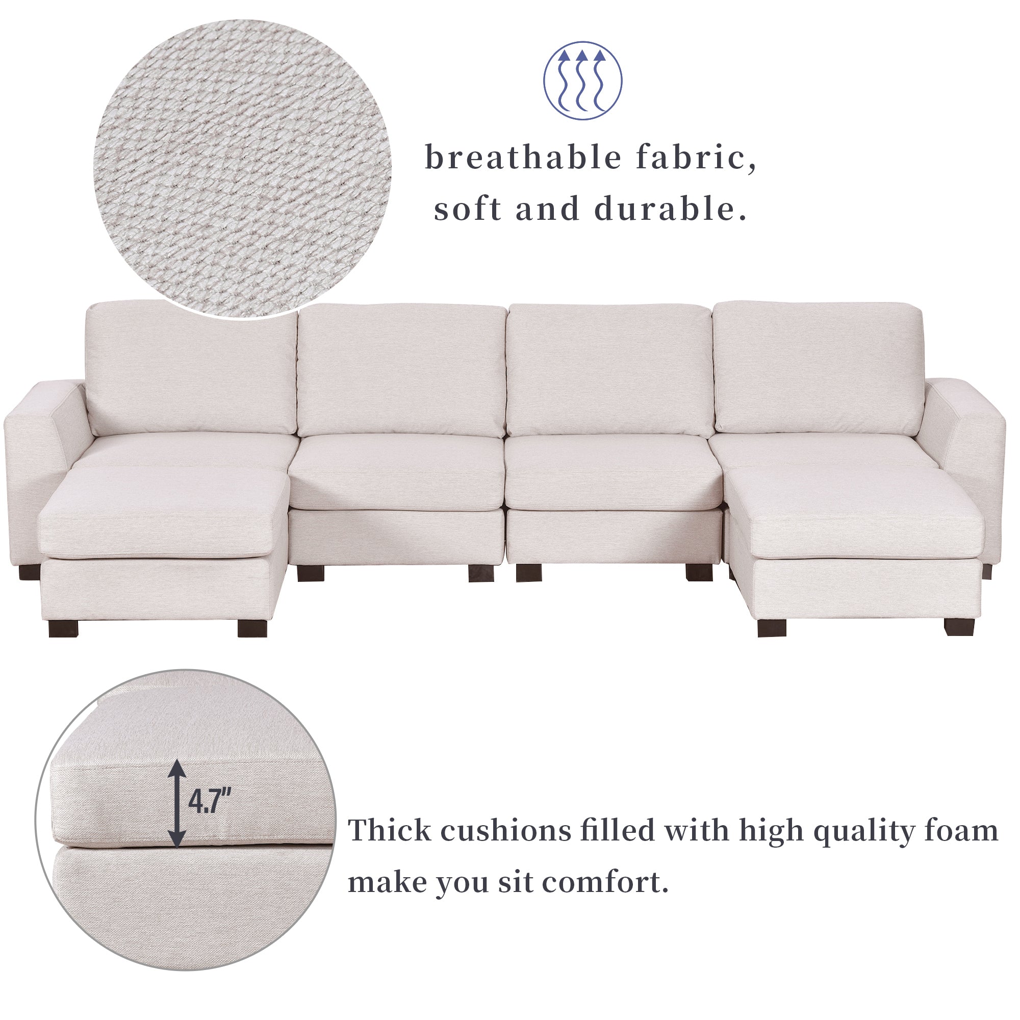 Three-Piece Beige U-Shaped Couch with Configurable Ottomans