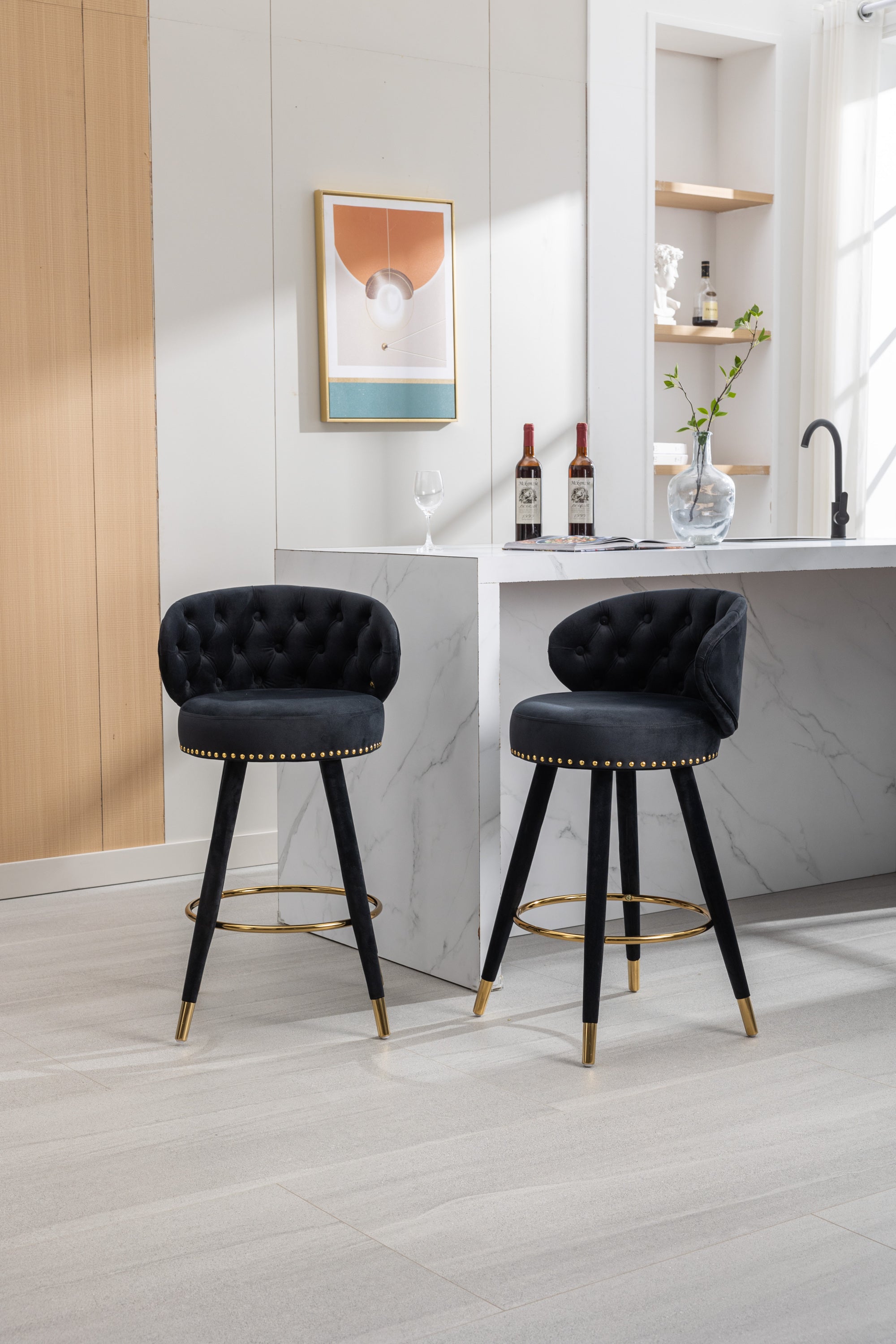 Solid Wood Counter Height Bar Stools, Set of 2(Black)