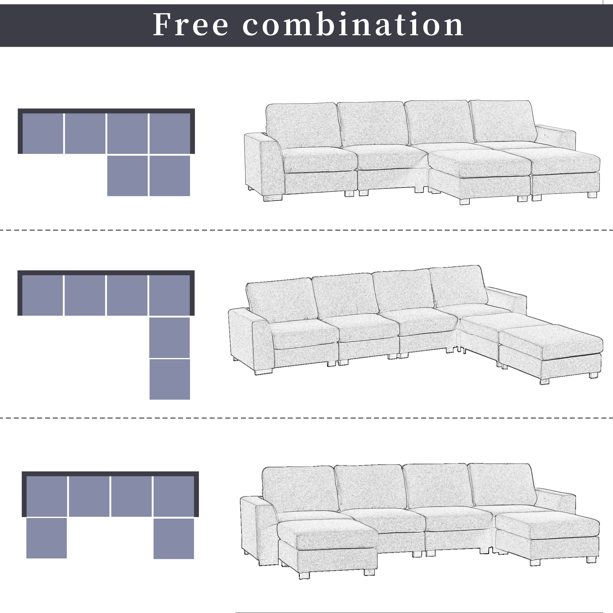 Three-Piece Beige U-Shaped Couch with Configurable Ottomans