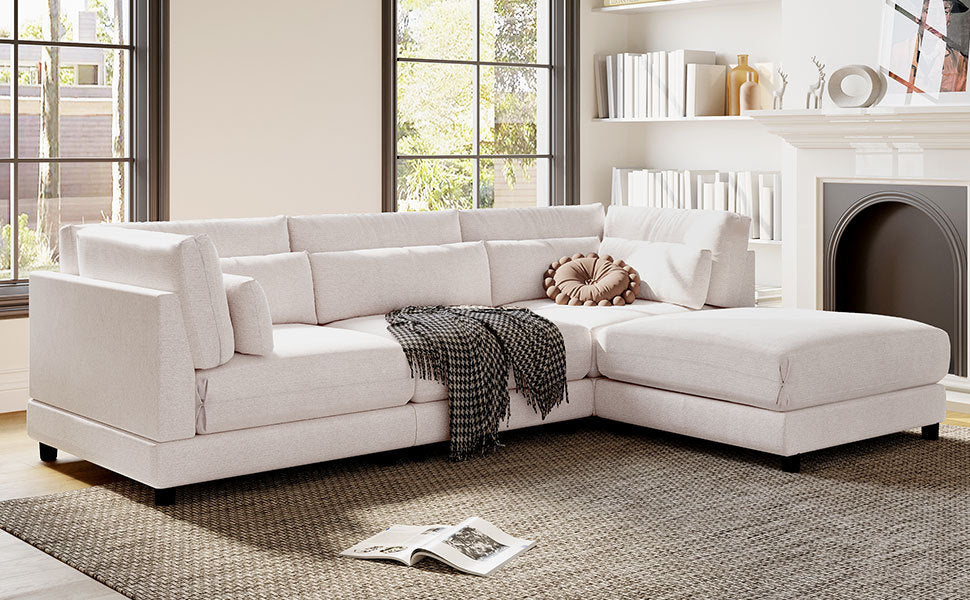 Modular L-Shaped Sofa Set with Removable Ottomans and Cushioned Backrests