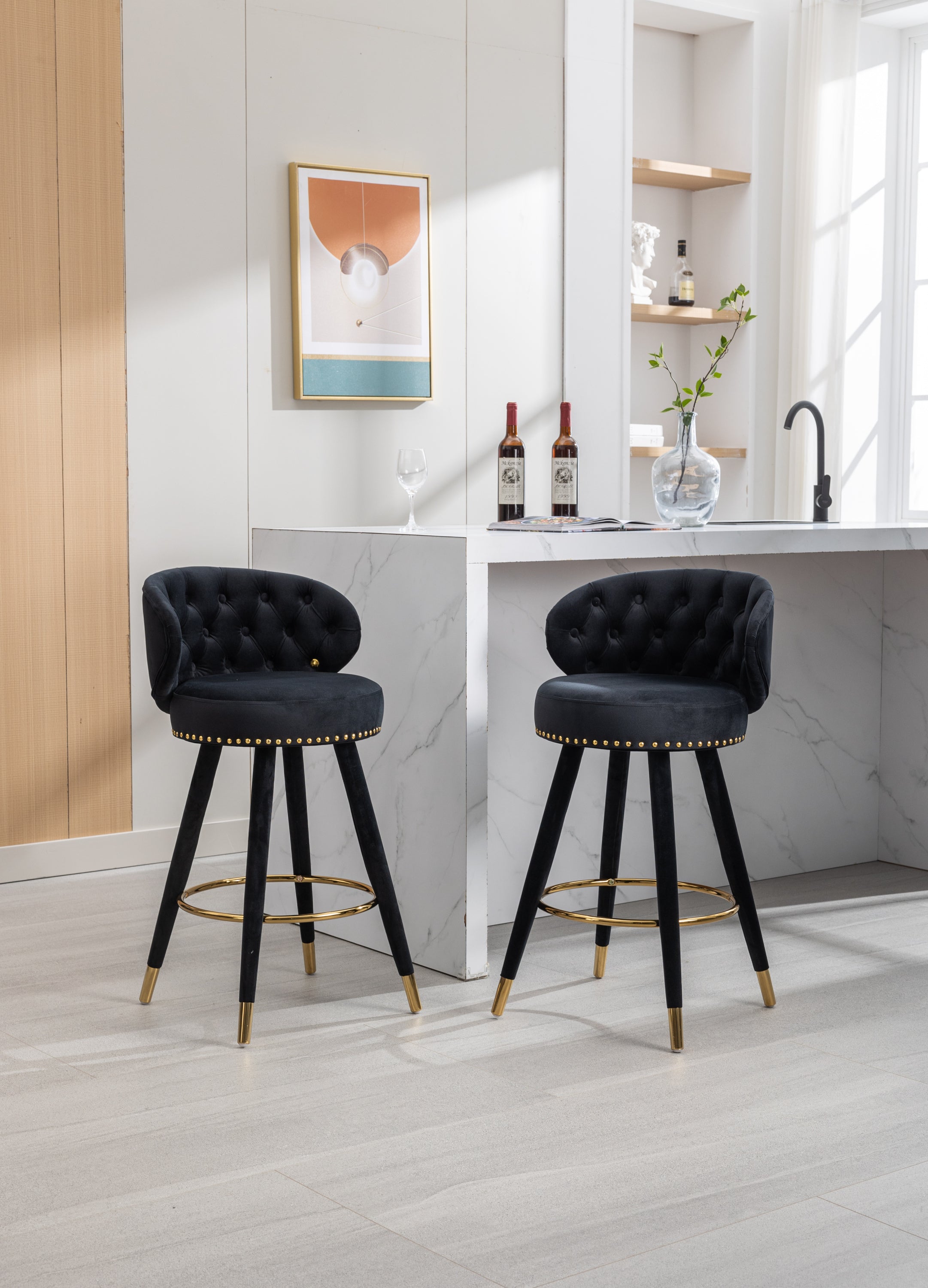 Solid Wood Counter Height Bar Stools, Set of 2(Black)