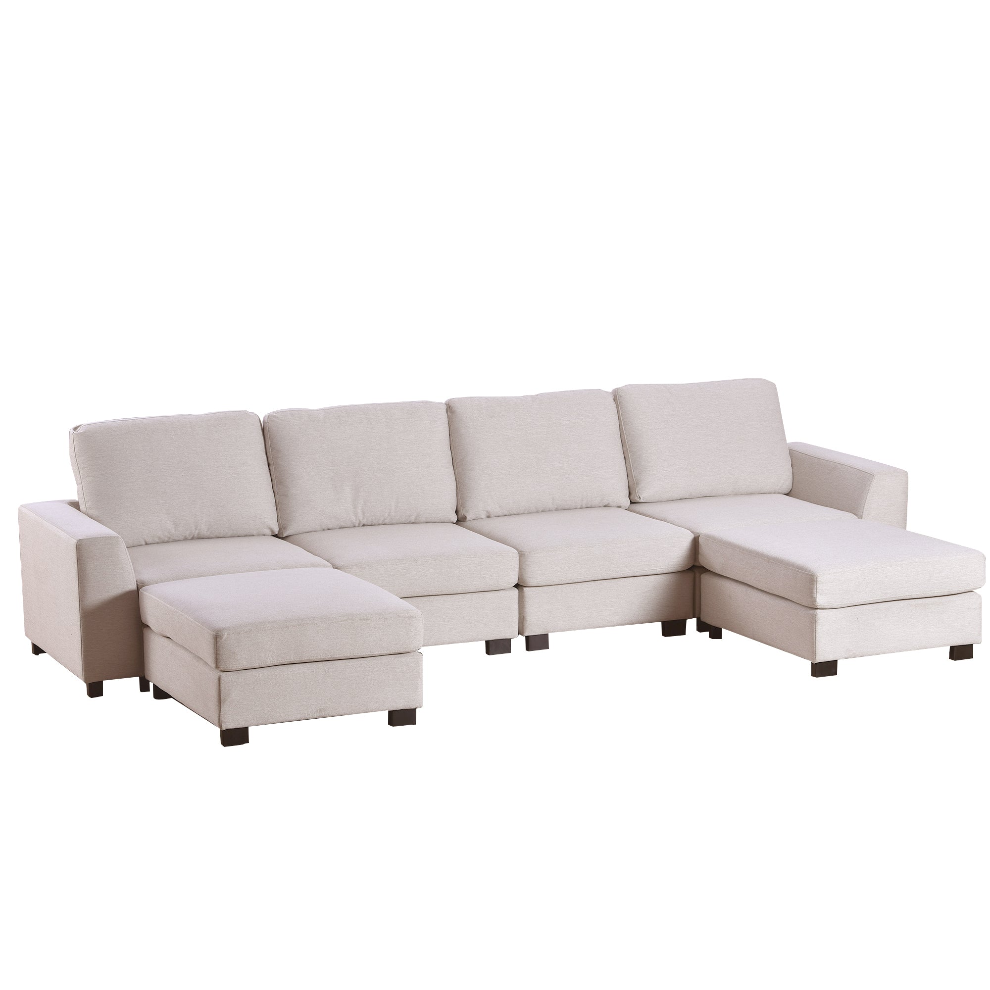 Three-Piece Beige U-Shaped Couch with Configurable Ottomans