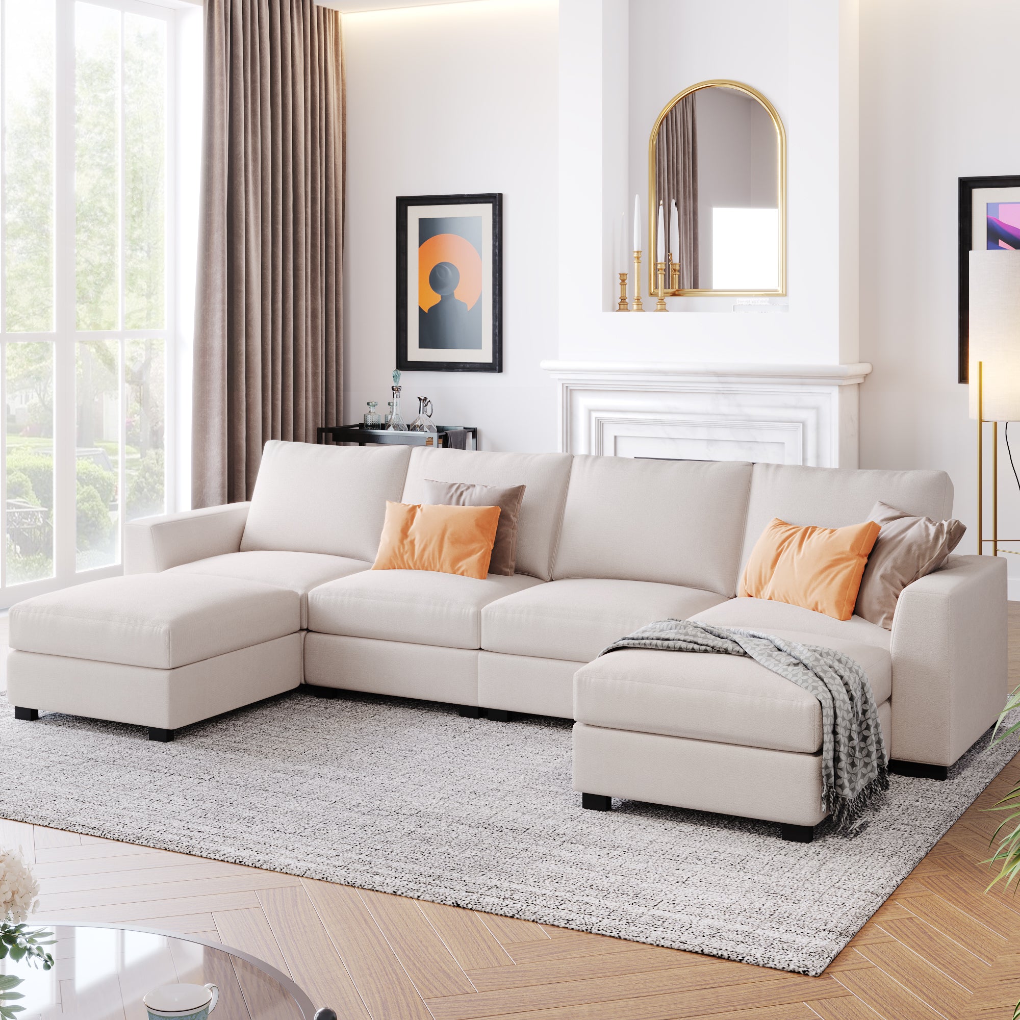 Three-Piece Beige U-Shaped Couch with Configurable Ottomans