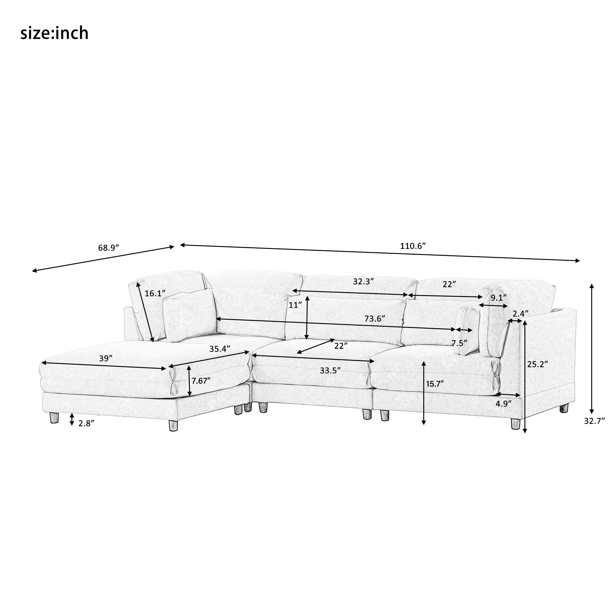 Modular L-Shaped Sofa Set with Removable Ottomans and Cushioned Backrests